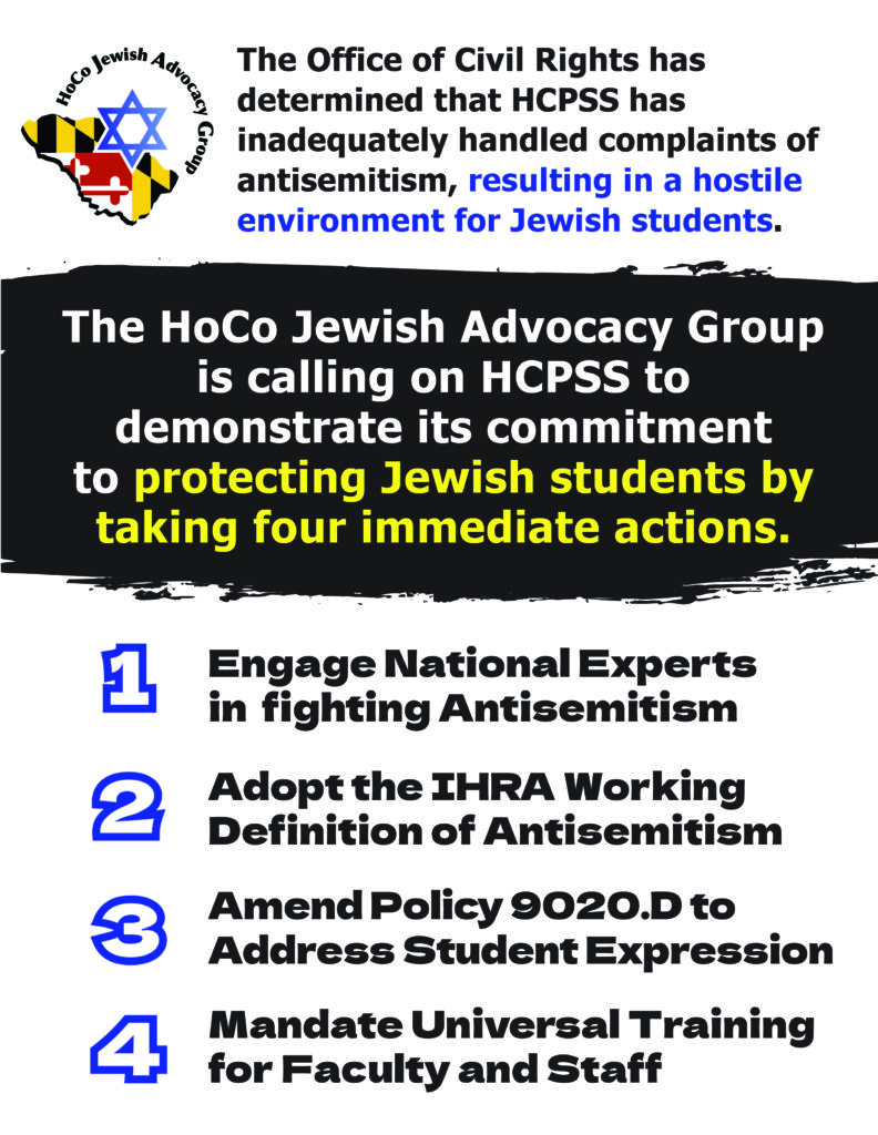 HoCoJAG calls on HCPSS to demonstrate its commitment to protecting Jewish students with 4 immediate actions. 